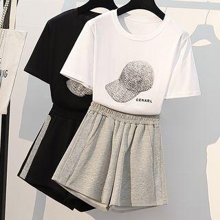 Set: Short-sleeve Rhinestone T-shirt + Wide-leg Sweatshorts