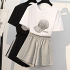 Set: Short-sleeve Rhinestone T-shirt + Wide-leg Sweatshorts