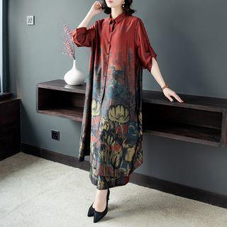 Set: Printed Shirt Dress + Wide-leg Pants