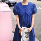 Short-sleeve Collar Midi A-line Dress Blue - One Size