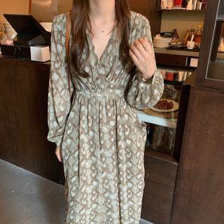 V-neck Snake Print Midi A-line Dress