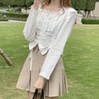 Drawstring Ruffle Blouse / Striped Mini Pleated Skirt