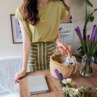 Cap-sleeve Letter Print T-shirt Lime Green - One Size