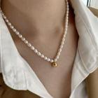 Alloy Bead Pendant Freshwater Pearl Necklace E661 - Gold - One Size