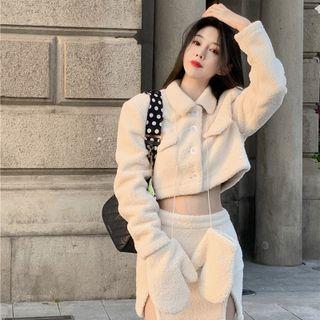 Fleece Cropped Button-up Jacket / Mini Pencil Skirt / Gloves