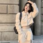 Fleece Cropped Button-up Jacket / Mini Pencil Skirt / Gloves
