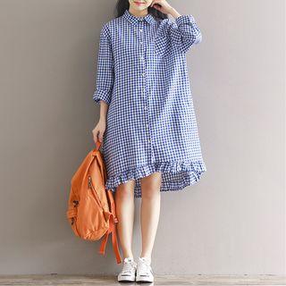 Long-sleeve Gingham A-line Shirtdress
