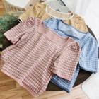 Short-sleeve Checked Knit Top