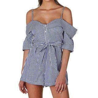Off Shoulder Short Sleeve Striped Playsuit
