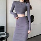 Set: Long-sleeve T-shirt + Midi Fitted Skirt