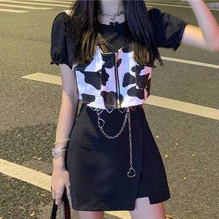 Short-sleeve Plain T-shirt / Cow Print Camisole Top / Skort