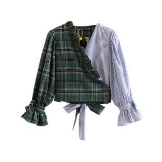 Bell-sleeve Plaid Striped Blouse