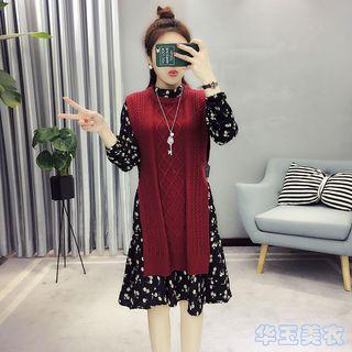 Set: Leather Panel Knit Vest + Floral Print Long-sleeve Dress