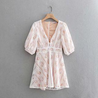 Puff-sleeve Mini A-line Lace Dress