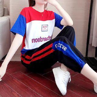 Set: Short-sleeve Lettering Color Block T-shirt + Sweatpants