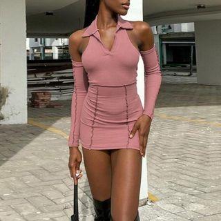 Set: Halter Collar Mini Bodycon Dress + Arm Sleeves