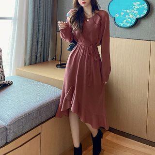 Ruffled Hem Knit Midi A-line Dress