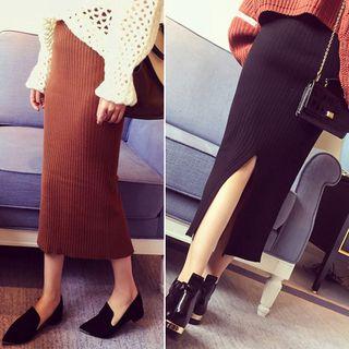 Split Hem Midi Knit Pencil Skirt