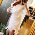 Set: Elbow-sleeve Lace Top + Lace Fitted Skirt