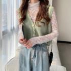 Long-sleeve Lace Top + Sleeveless Ruffled Knit Vest