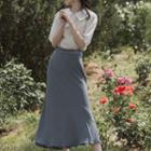 Set: Buttoned Elbow-sleeve Blouse + Midi A-line Jumper Skirt