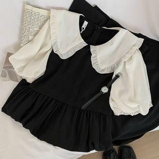 Short-sleeve Peter Pan Collar Midi A-line Dress Black - One Size