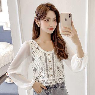 Long-sleeve Crochet Panel Cropped Blouse