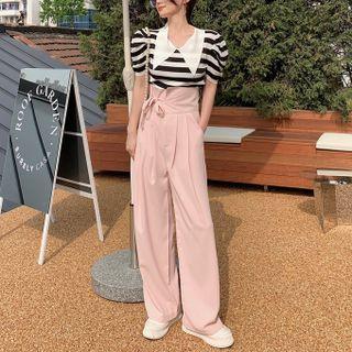 Puff-sleeve Striped Knit Top / Wide-leg Dress Pants