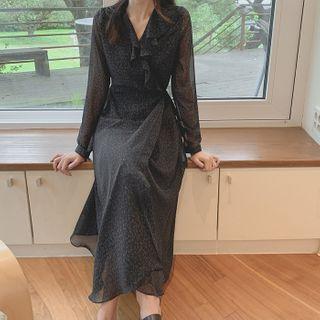 Ruffled Chiffon Long Wrap Dress Navy Blue - One Size