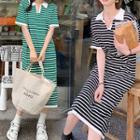 Short-sleeve V-neck Striped Polo Shirt Dress