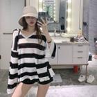 Striped V-neck Long-sleeve Loose-fit Knit Top As Figure - One Size