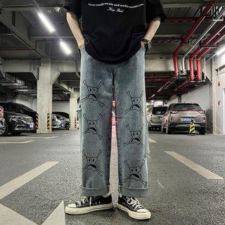 Skull Print Washed Straight Leg Jeans