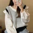 Long-sleeve Frill Trim Check Panel Blouse White - One Size