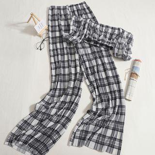 Set: Short-sleeve Off-shoulder Plaid Crop Top + Wide Leg Pants