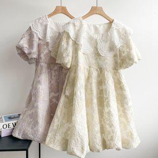 Puff-sleeve Collared Lace Mini A-line Dress