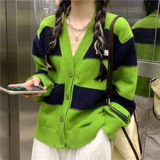 Striped V-neck Cardigan Stripe - Dark Blue & Green - One Size