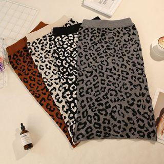 Leopard Print Midi Sheath Knit Skirt