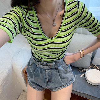 Short-sleeve V-neck Striped Knit Top