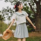 Short-sleeve Bow Blouse / A-line Skirt / Set