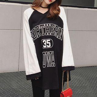 V-neck Long Sleeve Color Panel Lettering T-shirt Dress