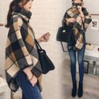 3/4-sleeve Turtleneck Plaid Cape Top