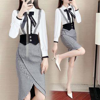 Long-sleeve Bow Blouse / Gingham Check Pencil Skirt / Set