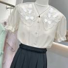 Short-sleeve Flower Embroidered Shirt / Midi A-line Skirt