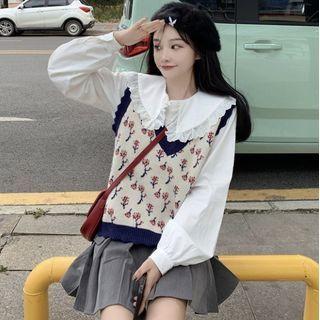 Floral Sweater Vest / Lace Trim Collar Blouse