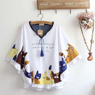 3/4-sleeve Cat Print Top