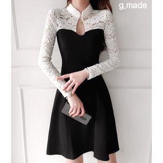 Keyhole-front Lace-panel Flare Dress