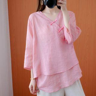 Plain 3/4-sleeve Frog-button Blouse
