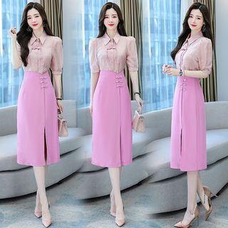 Set: Short-sleeve Frog-button Shirt + Slit Midi Skirt