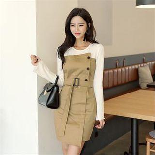 Inset Top Button-detail Dress With Belt