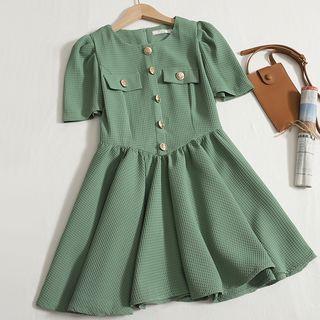 Puff-sleeve Button A-line Dress